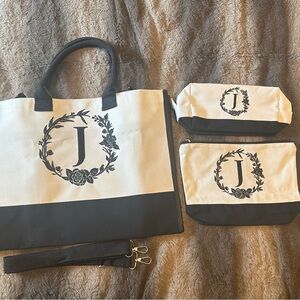Monogram 'J' Canvas Tote and Pouch Set in Black and Cream